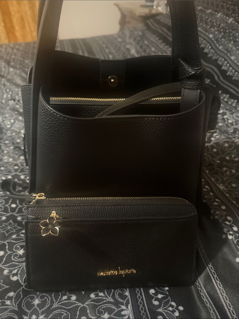 Nanette Lepore Black Pebbled Leather Shoulder Bag with Matching Pouch